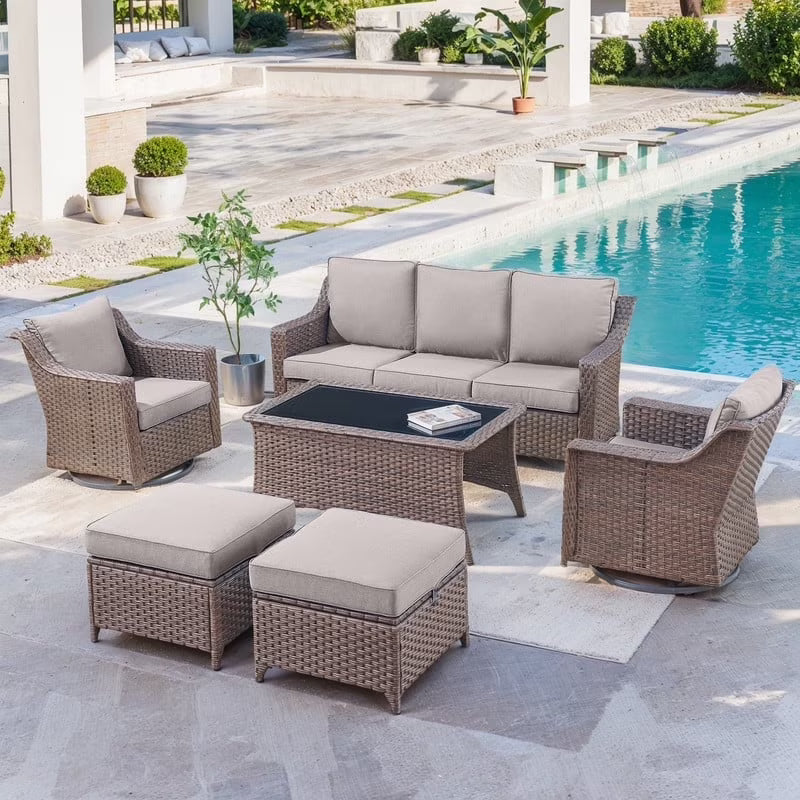 Gymojoy 6-Piece Patio Furniture Set, Oversized Outdoor Wicker Sofa with Swivel Chairs and Coffee Table, Sectional Rattan Outdoor Conversation Set for Poolside Backyard Deck, Blue