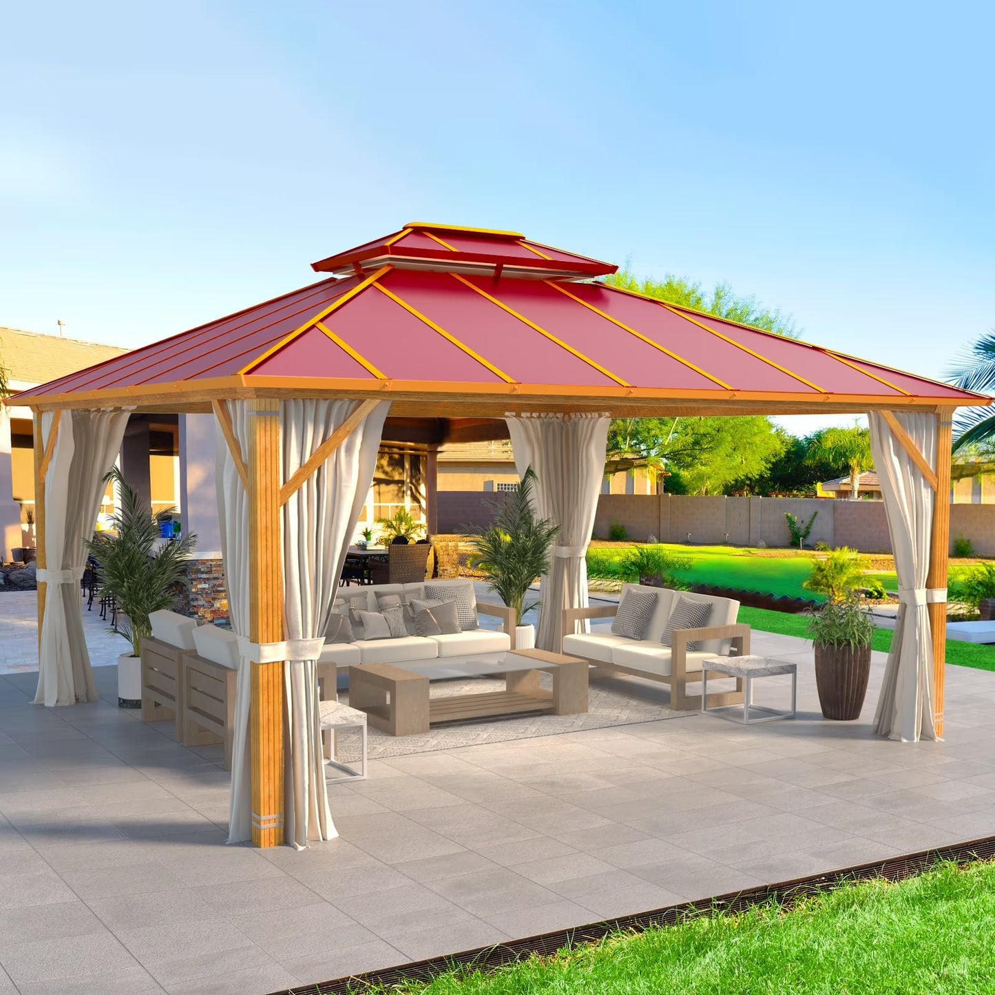 Erommy Hardtop Gazebo, Waterproof Aluminum Pavilion with Netting & Curtains for Patio, Garden Dusty Blue 10'x12'