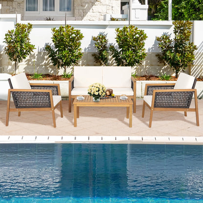 Costway 8PCS Patio Rattan Furniture Set Acacia Wood Cushioned Sofa Off White