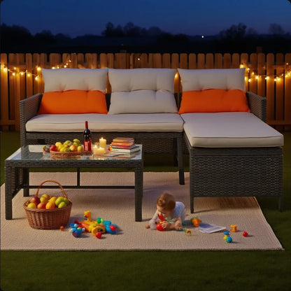 3 PCS Patio Sectional Sofa Conversation Set, All Weather Rattan Patio Furniture Set, Brown Outdoor Chaise Lounge Set with Cushion and Table, Deck Backyard Porch Furniture