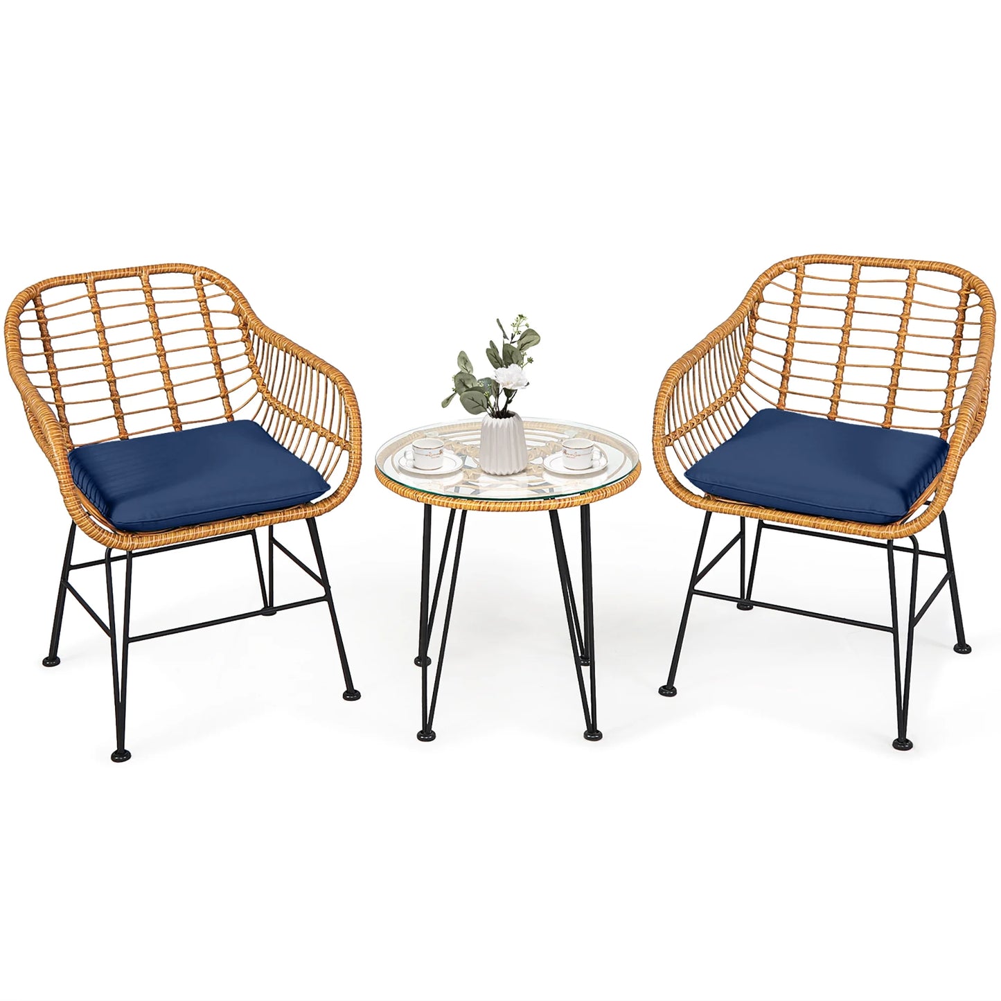 Costway 3PCS Patio Rattan Bistro Furniture Set Cushioned Chair Table Navy