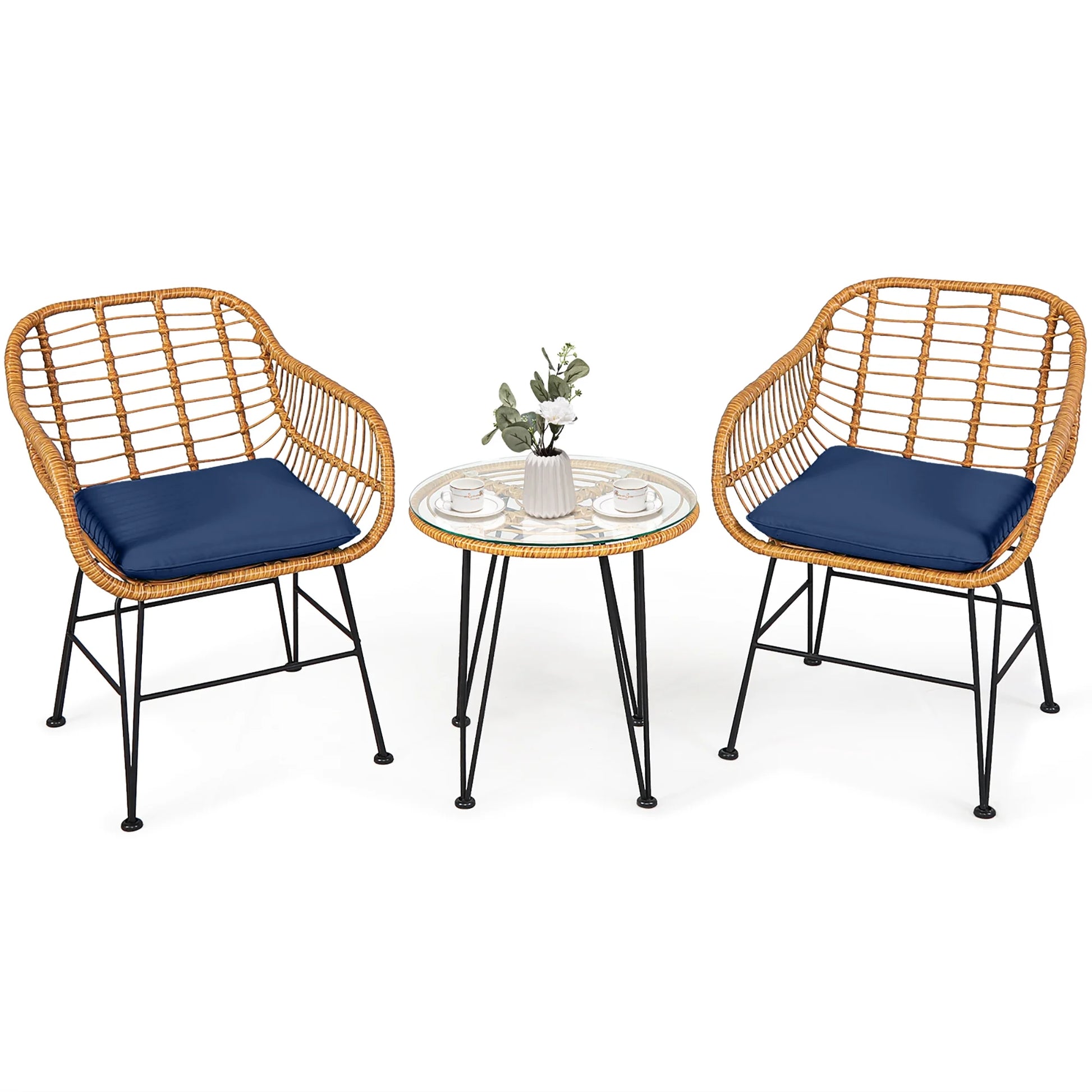 Costway 3PCS Patio Rattan Bistro Furniture Set Cushioned Chair Table Navy