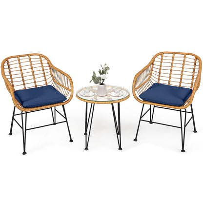 Costway 3PCS Patio Rattan Bistro Furniture Set Cushioned Chair Table Navy