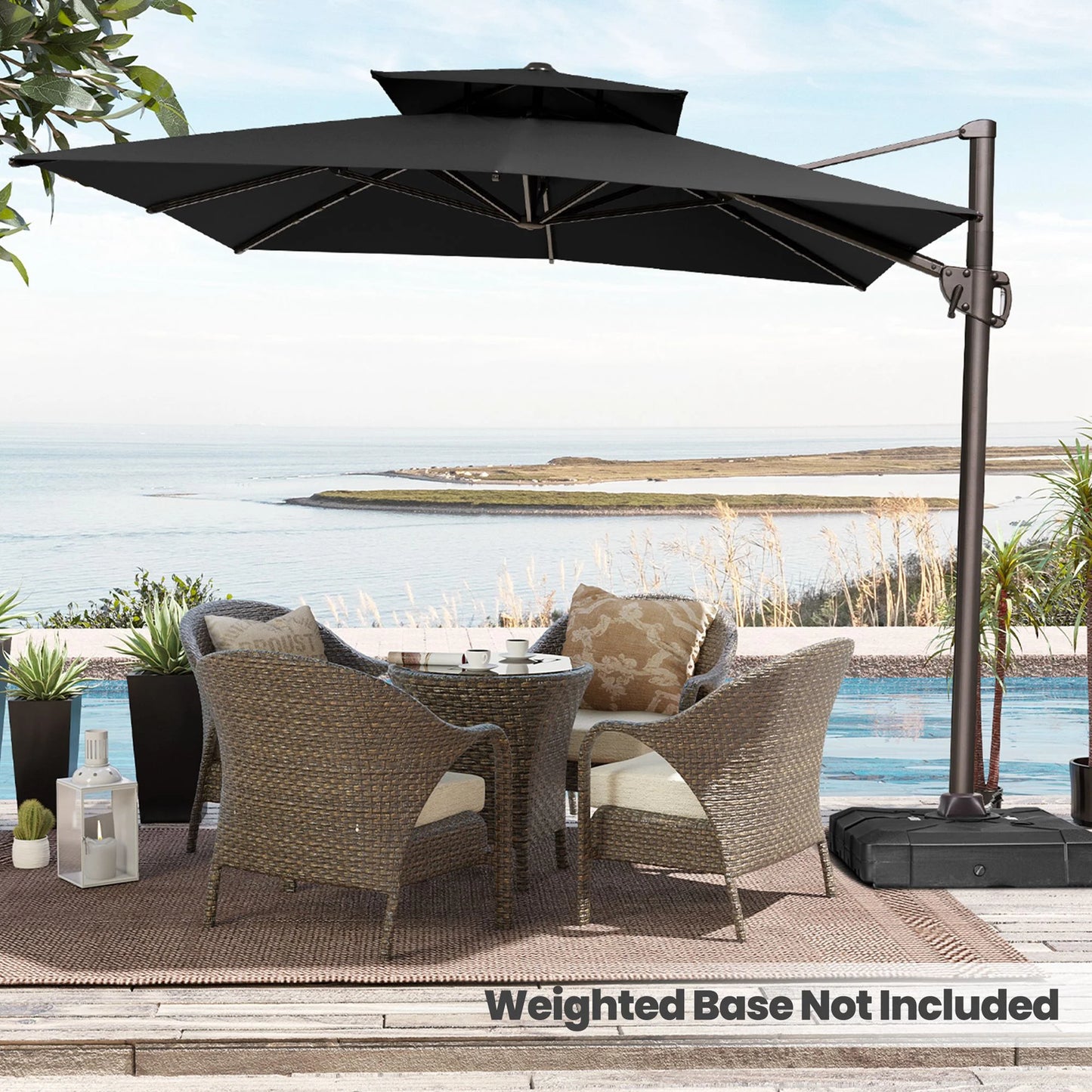 Pellebant 11 ft. x 9 ft. Rectangular Double Top Patio Cantilever Umbrella, Black
