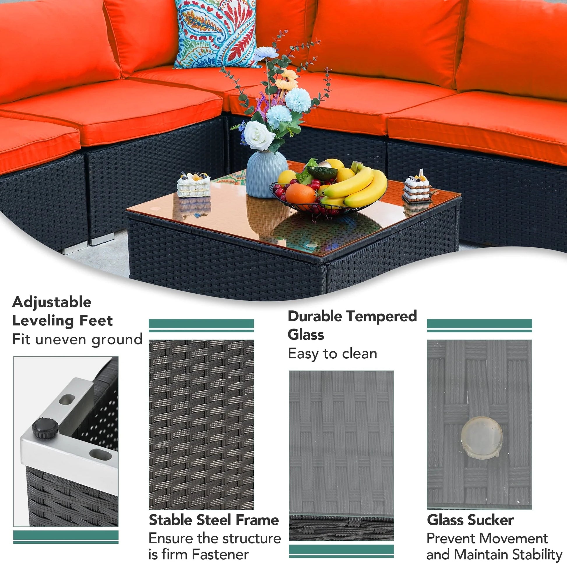 ESSENTIAL LOUNGER 7 Pieces Patio Conversation Set, Outdoor Sectional Sofa PE Rattan Wicker Patio Furniture Set with Cushion and Tempered Glass Table for Patio, Garden& Poolside, Orange