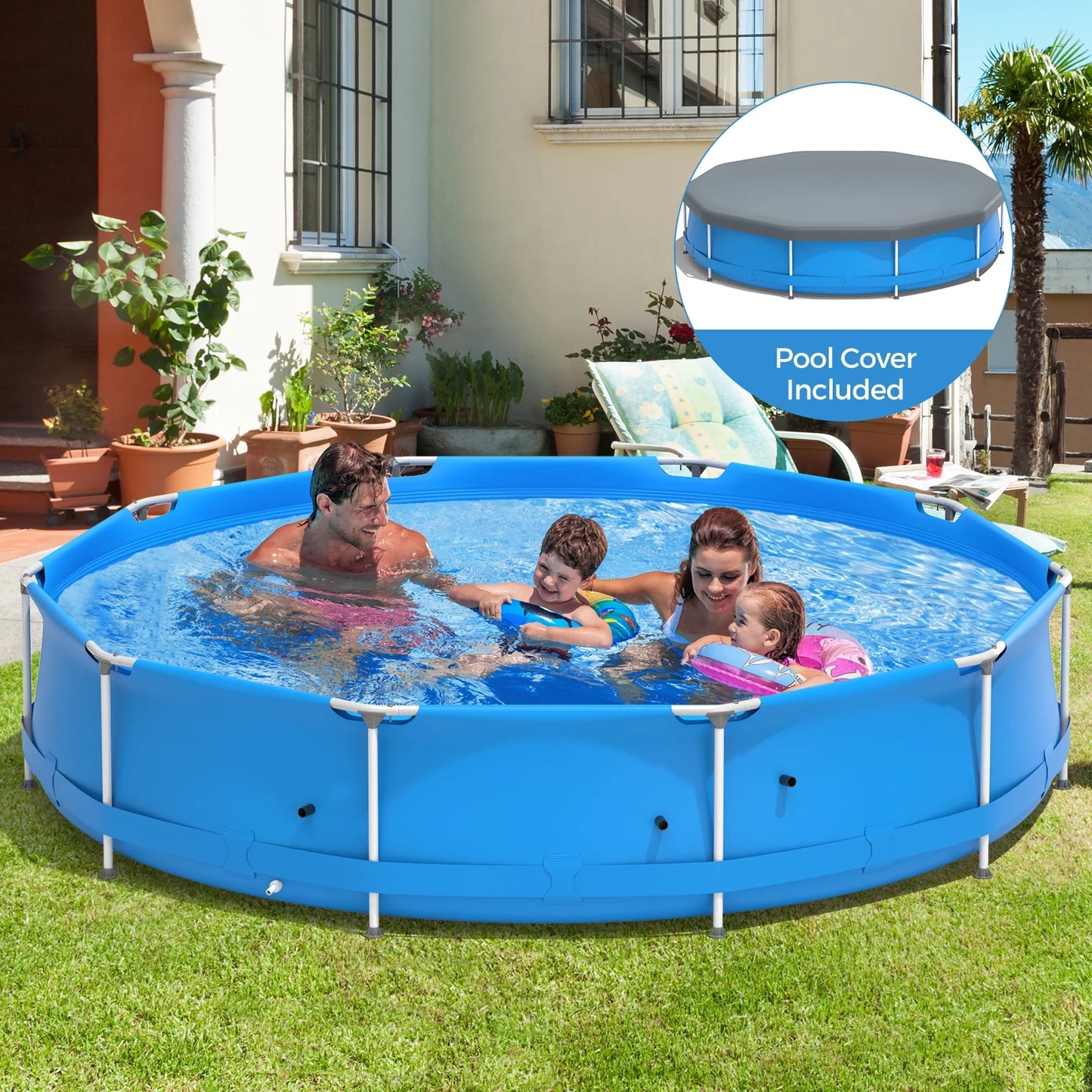 Infans Round Above Ground Swimming Pool Patio Frame Pool W/Pool Cover Iron Frame Blue