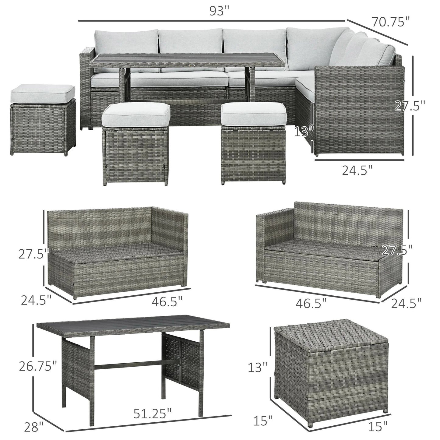 Resenkos Wicker Outdoor Patio Furniture Set, L-Shaped 7 Pieces Outdoor Dining Sectional Sofa, Gray