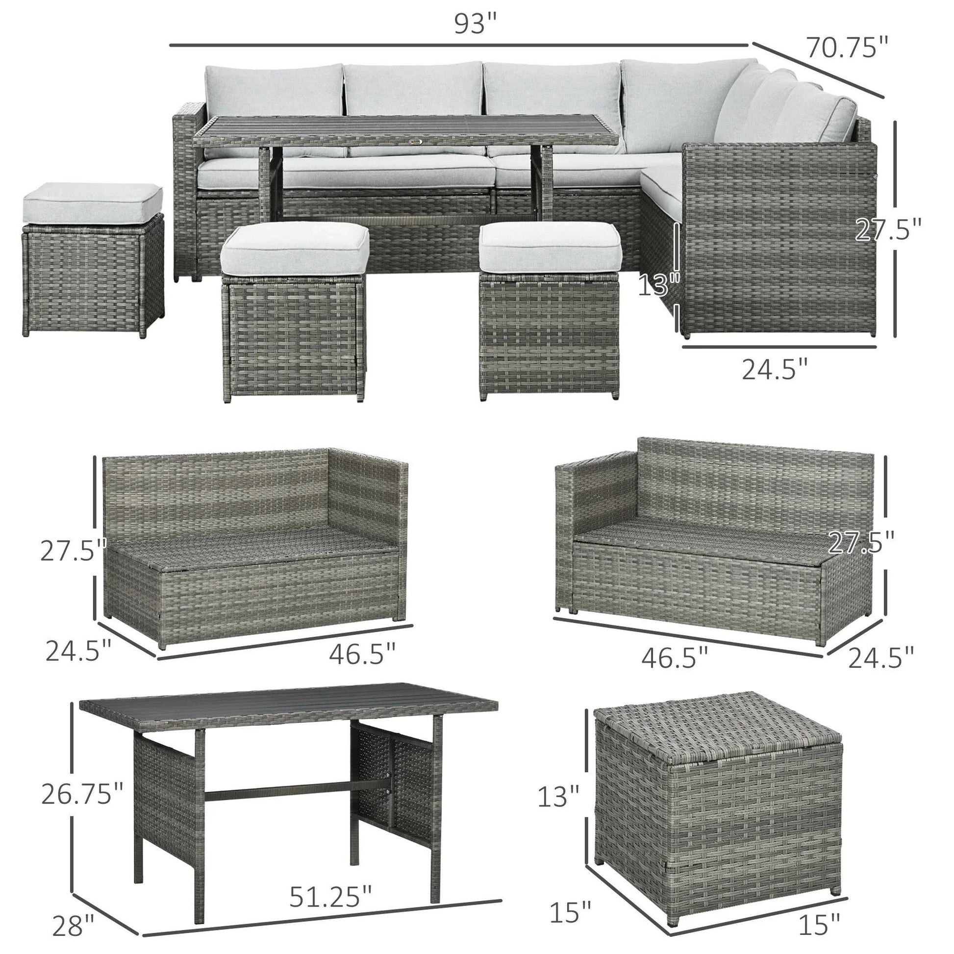 Resenkos Wicker Outdoor Patio Furniture Set, L-Shaped 7 Pieces Outdoor Dining Sectional Sofa, Gray