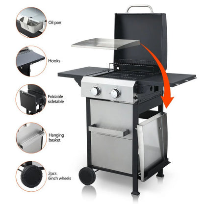 Yardmaster 24600 BTU Propane Gas Grill, 2-Burner BBQ Grill with Side Tables, Wire Enamel Cooking Grids, for Patio, Pool, Yard, Picnic and outdoor Barbecue