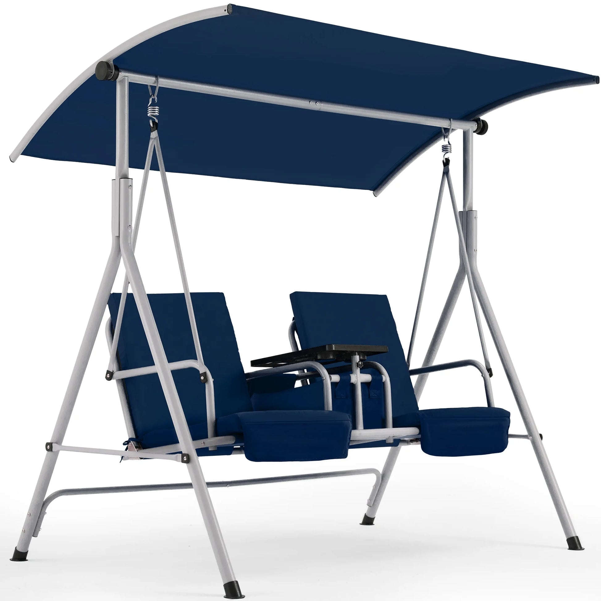 HOMREST Patio Swing with Adjustable CanopyHeavy Duty 650 LBS Outdoor Swing with Pivot Storage Table & 4 Cup Holders & Cushions for Yard, Lawn, Backyard, Navy Blue