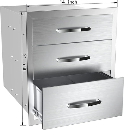 Outdoor Kitchen Drawers 14" W x 21" H x 23" D, Flush Mount Triple Access BBQ Drawers,BBQ Island Drawers for Outdoor Kitchens or BBQ Island Patio Grill Station
