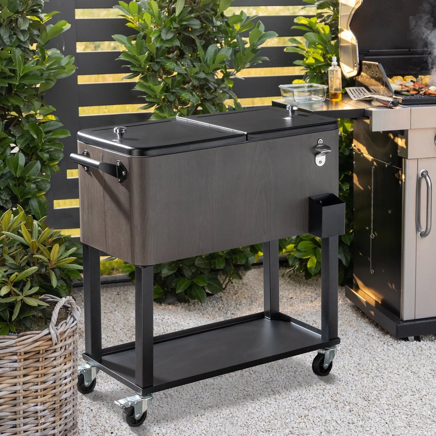 SalonMore 80QT Cooler Cart Patio Rolling Frozen Function with Shelf Wood Grain Accent Gray