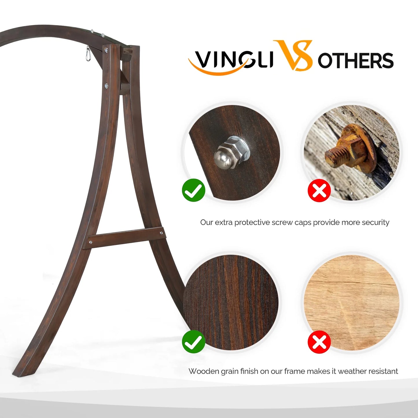 VINGLI 1000 lbs Patio Wooden Porch Swing Stand for 5 ft Swings, Black