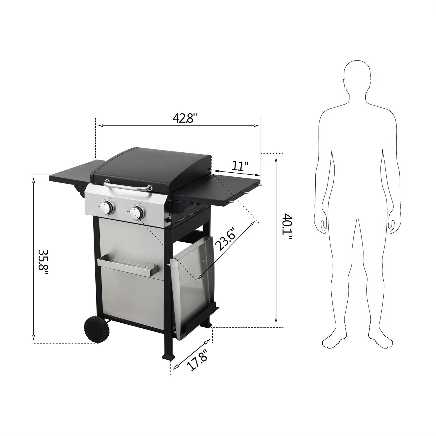 HighSound 2-Burner Propane Gas Grill, 24600 BTU Patio Garden Barbecue Grill with Stainless Steel Tray, Wire Enamel Cooking Grids & Foldable Shelves, Black