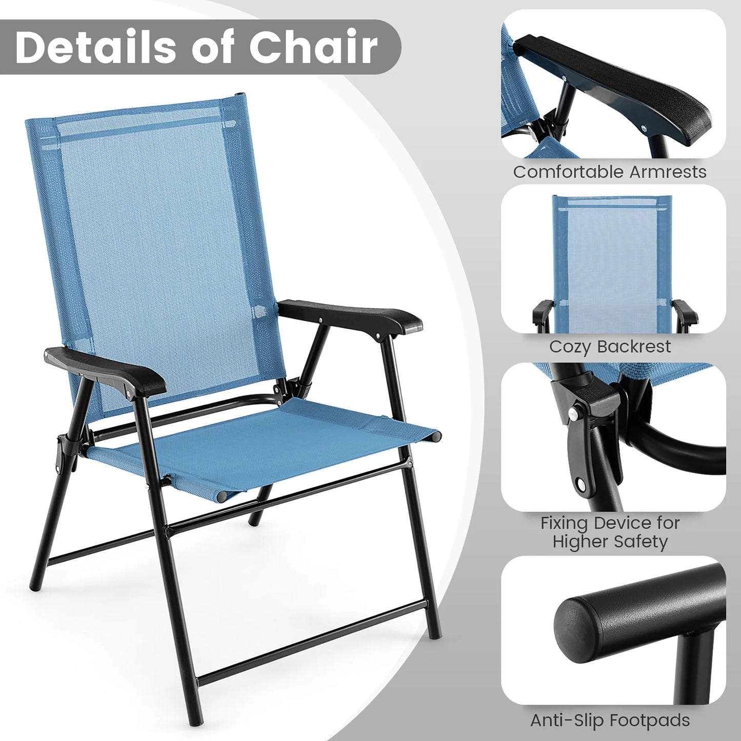 Gymax Patio Metal Camping Breathable and Rip-resistant Folding Chairs, Blue (Set of 4)
