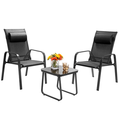 Costway 3PCS Patio Bistro Furniture Set Adjustable Back Stackable Chairs Black