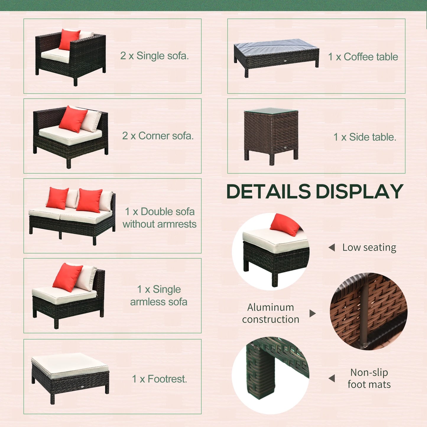 Outsunny 9 Piece Patio Furniture Set, PE Rattan Sofa & Table, Sand