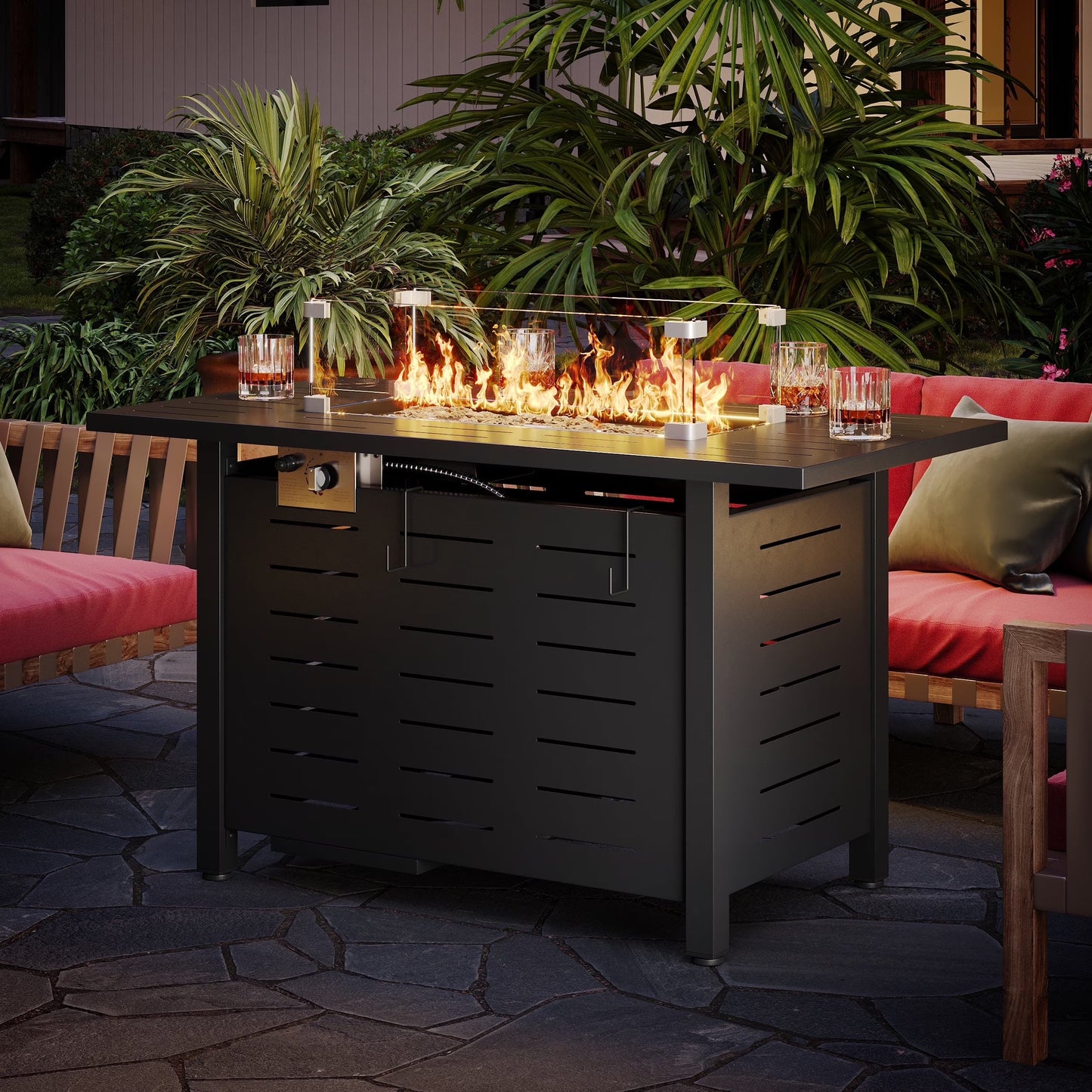 Sunmthink 44" Propane Fire Pit Table, 50,000 BTU Auto Ignition Steel Gas Fire Pit with Removable Lid & Waterproof Cover for Patio, Backyard, Black