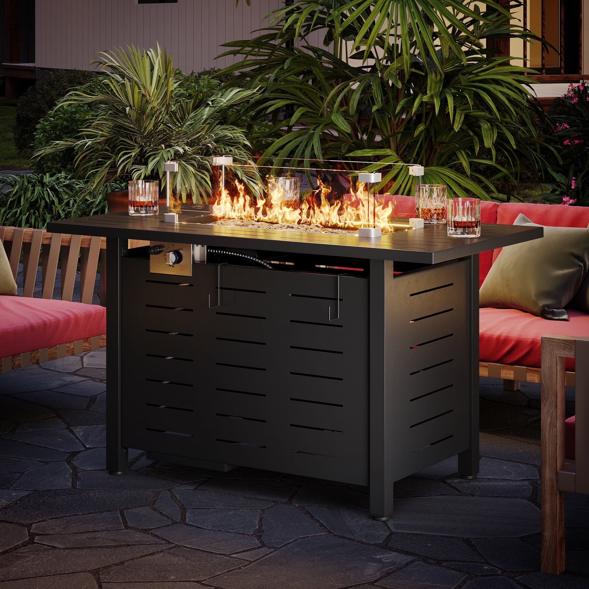 Sunmthink 44" Propane Fire Pit Table, 50,000 BTU Auto Ignition Steel Gas Fire Pit with Removable Lid & Waterproof Cover for Patio, Backyard, Black