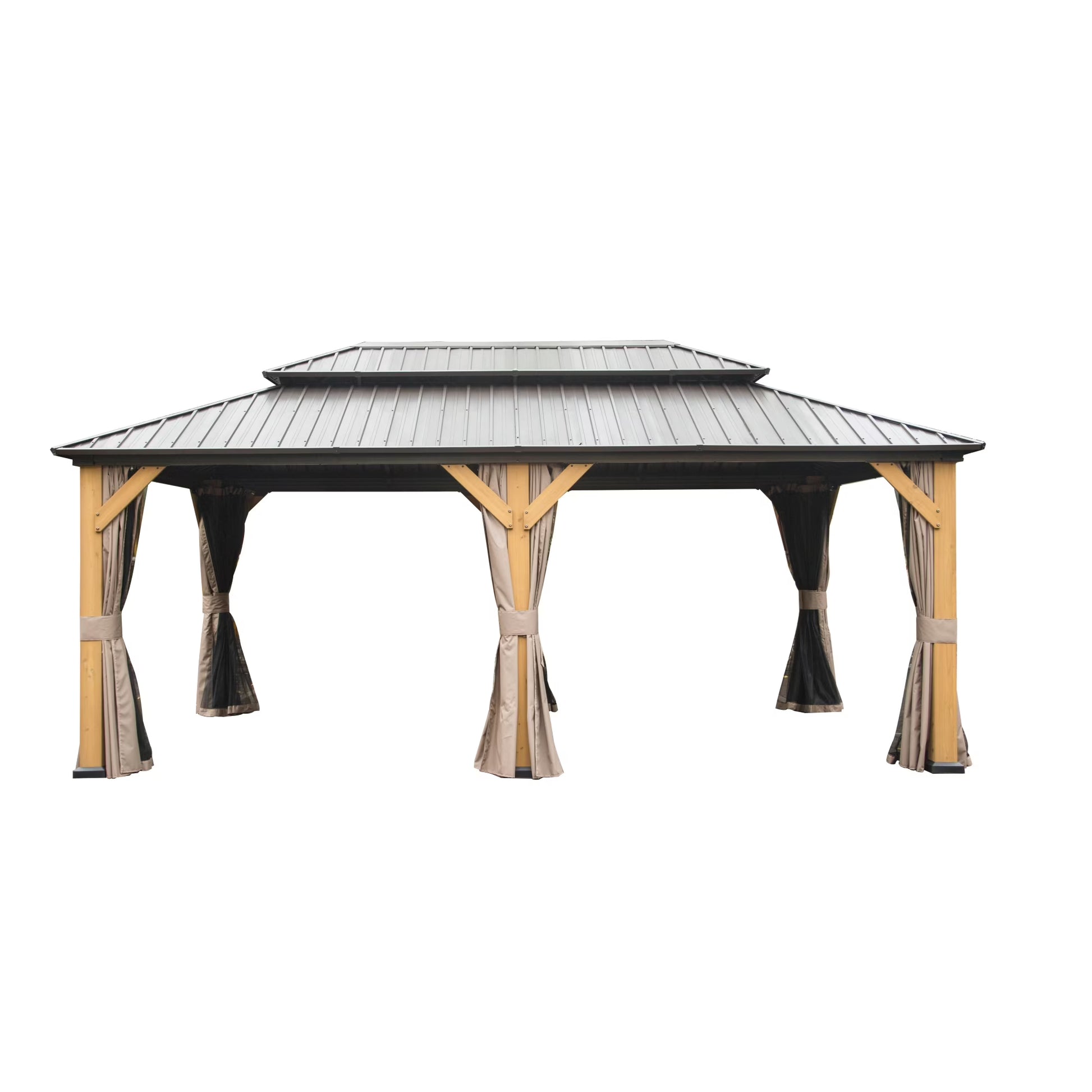 Mondawe 12'x20' Hardtop Gazebo, Outdoor Cedar Wood Frame Canopy with Galvanized Steel Double Roof, Outdoor Permanent Metal Pavilion with Curtains and Netting for Patio, Backyard and Lawn(Brown)
