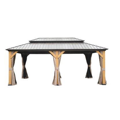 Mondawe 12'x20' Hardtop Gazebo, Outdoor Cedar Wood Frame Canopy with Galvanized Steel Double Roof, Outdoor Permanent Metal Pavilion with Curtains and Netting for Patio, Backyard and Lawn(Brown)