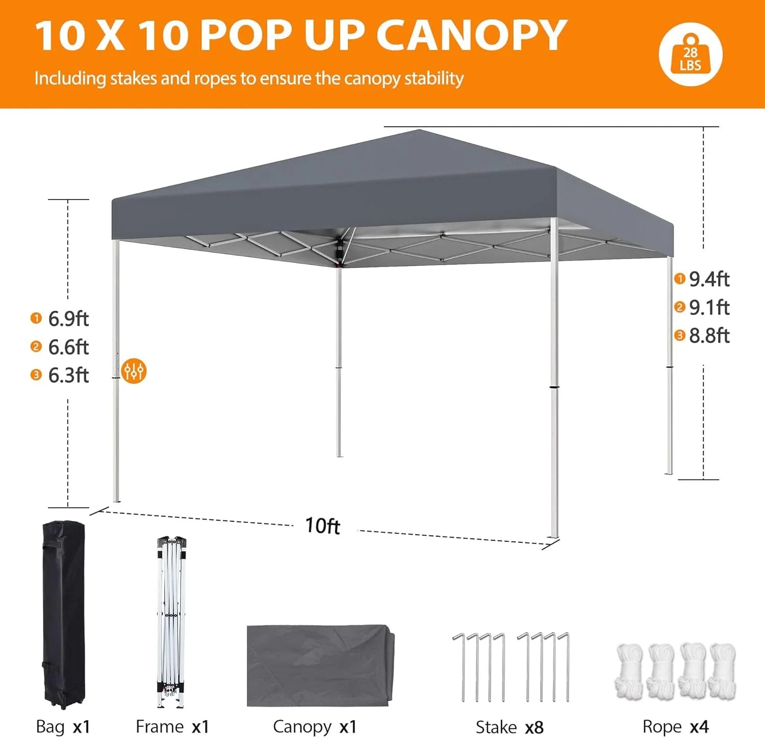 10 X 10ft Pop Up Canopy Tent Easy Set up Outdoor Instant Straight Legs Portable Gazebo Shelter with Wheeled Bag for Camp Beach Patio and Garden (Grey)