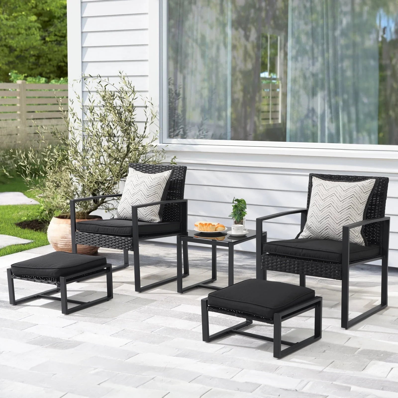 Orange-Casual 5-Piece Outdoor Furniture Set, Patio Steel Wicker Conversation Set, with Ottomans & Soft Washable Cushions, Black