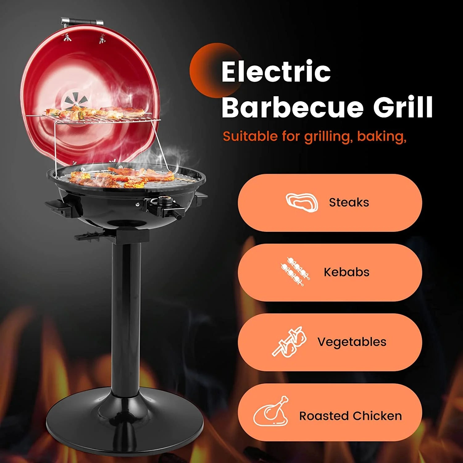 ORALNER Electric BBQ Grill with Stand, Warming Rack & Drip Tray, 15-Serving Electric Griddle Indoor & Outdoor Cooking Grilling Portable Patio Grill, for Balcony, Garden, Apartment, 1600W (Black)