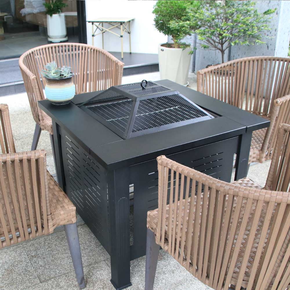 2 in 1 Smokeless Fire Pit Table for Outdoor Patio, Square Steel Heater with Removable Lid, Grill Over Stove, Multifunctional Firepit Table for Garden, Deck, Balcony, Backyard