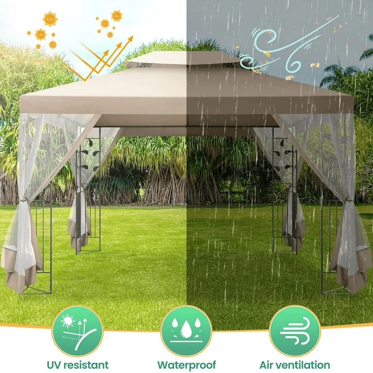 Hoteel 10'x 13' Metal Patio Gazebo, Outdoor Gazebo Canopy Tent for Backyard with Mosquito Netting, Gazebos Shelter with Steel Frame, Patio Covers for Shade and Rain, Khaki