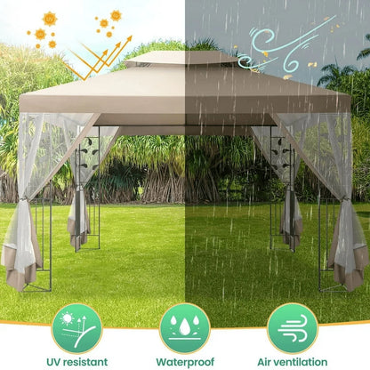 Hoteel 10'x 13' Metal Patio Gazebo, Outdoor Gazebo Canopy Tent for Backyard with Mosquito Netting, Gazebos Shelter with Steel Frame, Patio Covers for Shade and Rain, Khaki