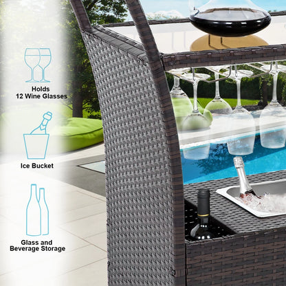 FHFO Outdoor Patio Wicker Bar, Rattan Counter Table with 2 Storage Shelves, 2 Steel Shelves for Backyard, Poolside, Garden