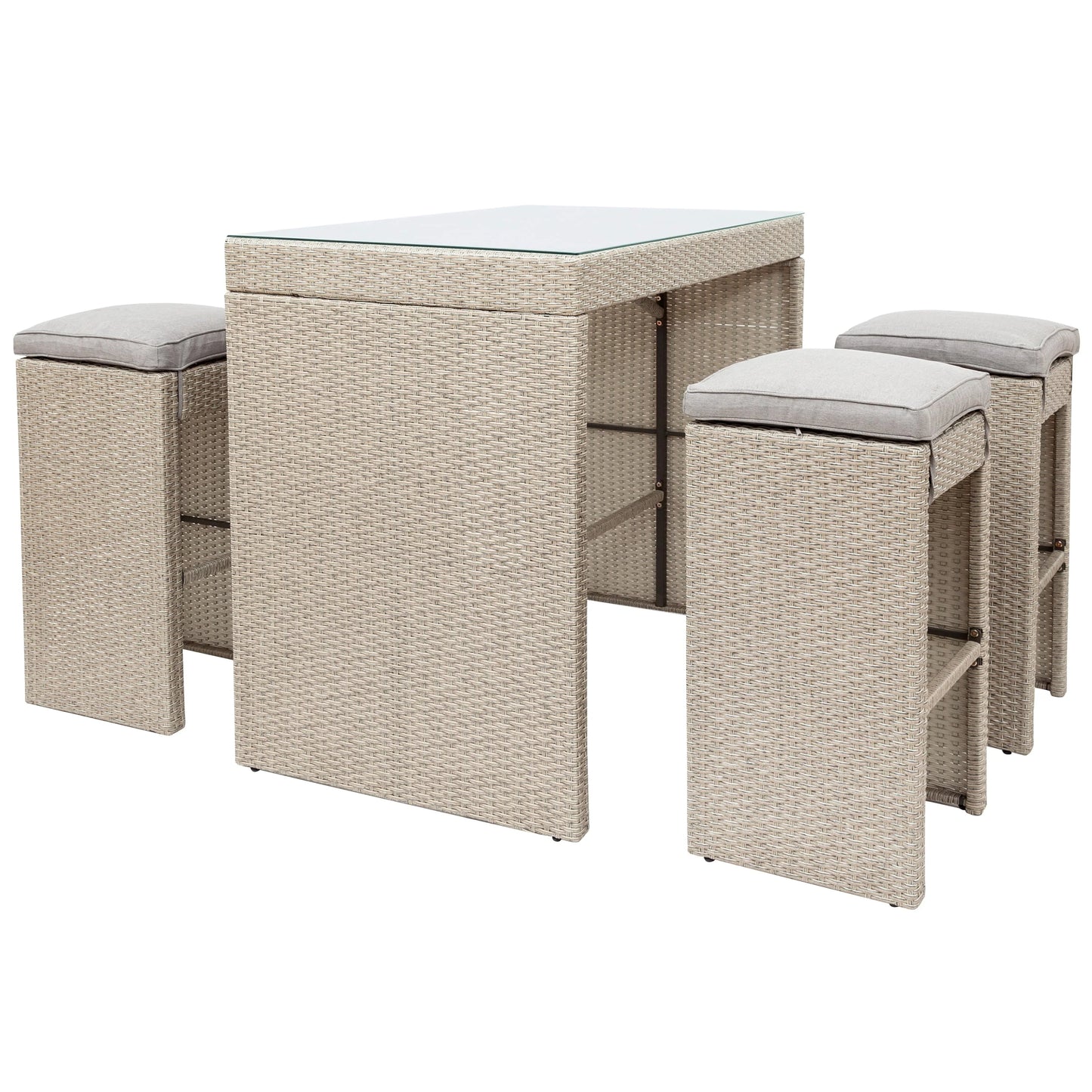5-piece Patio Table Set Outdoor Furniture, Rattan Bar Dining Table and Chairs Set, Grass Top Table & 4 Cushioned Stools Bistro Set for Backyard Porch Poolside Indoor Use, Brown
