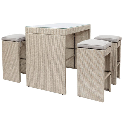 5-piece Patio Table Set Outdoor Furniture, Rattan Bar Dining Table and Chairs Set, Grass Top Table & 4 Cushioned Stools Bistro Set for Backyard Porch Poolside Indoor Use, Brown