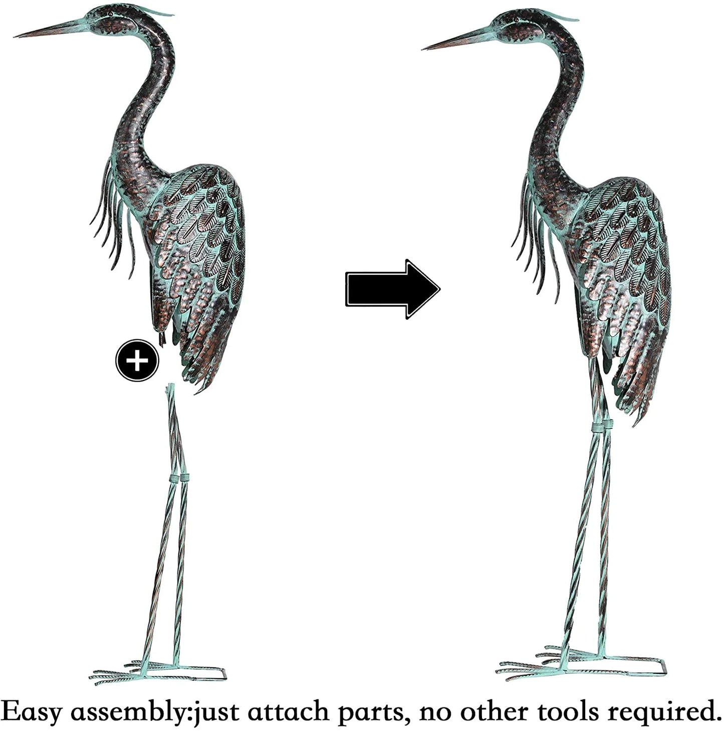 Garden Crane Statues, Standing Metal Patina Heron Decoy Outdoor Statue, 42-46 Inch Bird Yard Art for Patio Lawn Pond, Set of 2