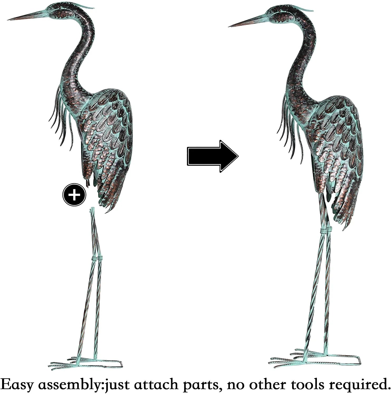 Garden Crane Statues, Standing Metal Patina Heron Decoy Outdoor Statue, 42-46 Inch Bird Yard Art for Patio Lawn Pond, Set of 2