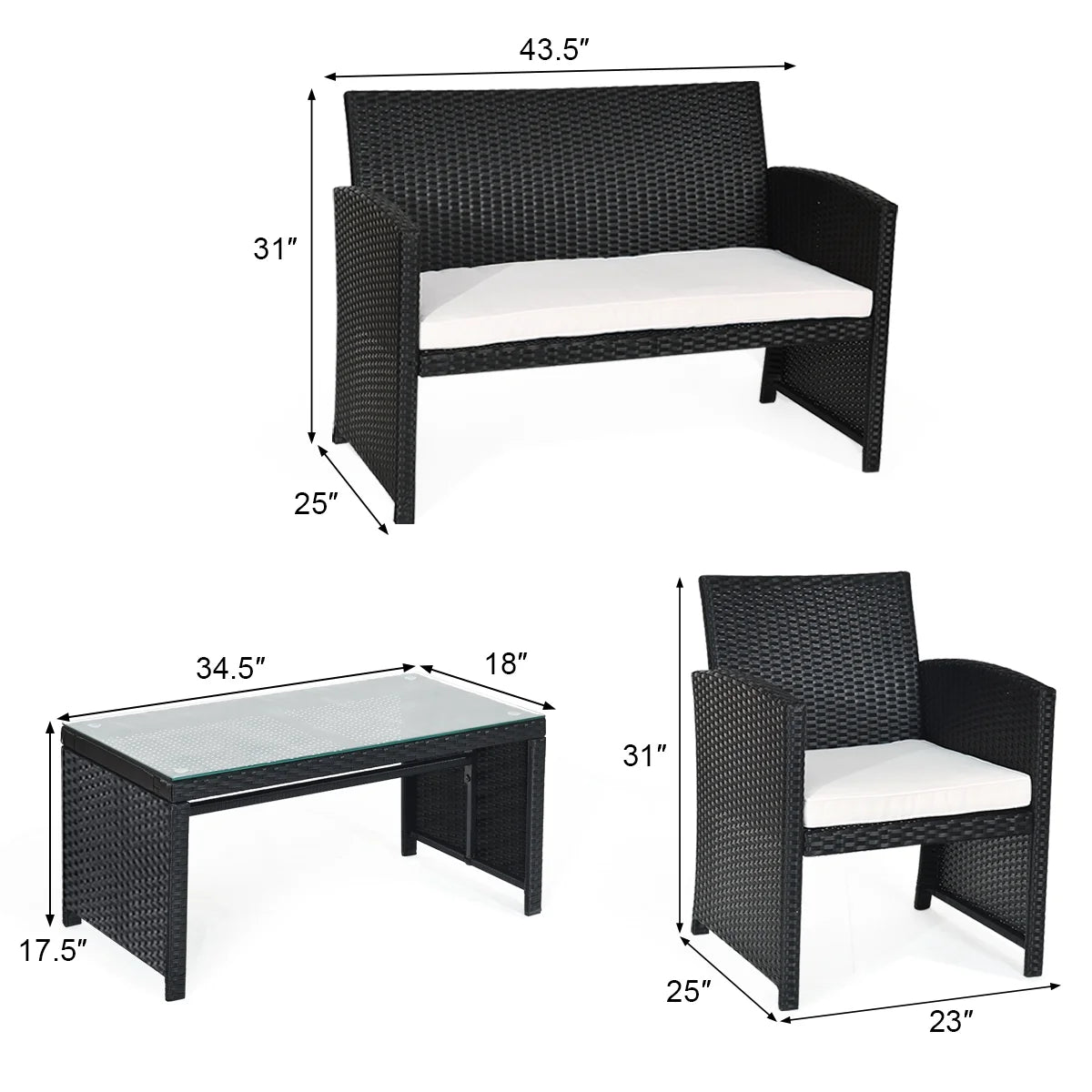 Gymax 4PCS Rattan Patio Conversation Set Outdoor w/Coffee Table Cushioned Sofa