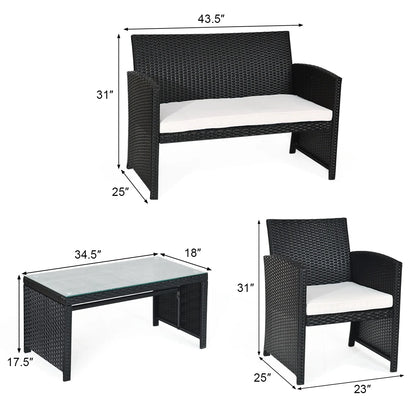 Gymax 4PCS Rattan Patio Conversation Set Outdoor w/Coffee Table Cushioned Sofa