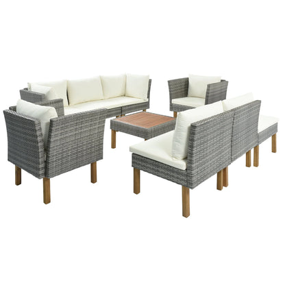 CoSoTower 9-Piece Outdoor Patio Garden Wicker Sofa Set, Gray PE Rattan Sofa Set, with Wood Legs, Acacia Wood Tabletop, Armrest Chairs with Beige Cushions