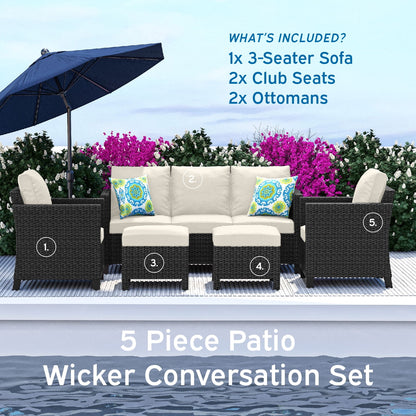 Hearth & Harbor 5-Piece Outdoor Patio Furniture Set, Wicker Patio Conversation Set, Sectional Sofa, Black/Off White