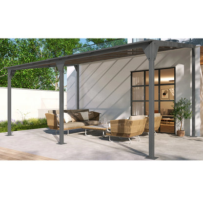 14.76 x 9.22 FT Wall Mounted Gazebo, Patio Pergola Lean to Awning with PC Roof Panels, Outdoor Metal Gazebo with Powder-Coated Iron Frame, Shelter for Deck, Garden, Backyard, Gray