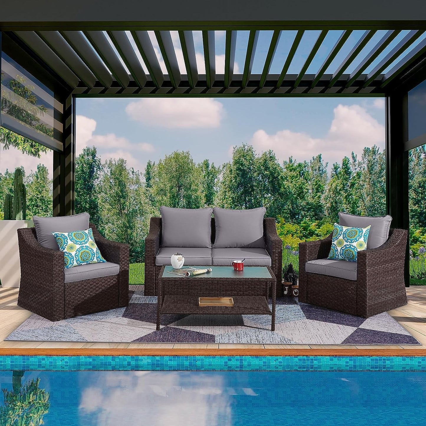 CozyHom 5 Pcs Outdoor Patio Wicker Furniture Sofa Set Clearance Sectional Conversation Couch Chair Sofa Set With Coffee Table, Grey