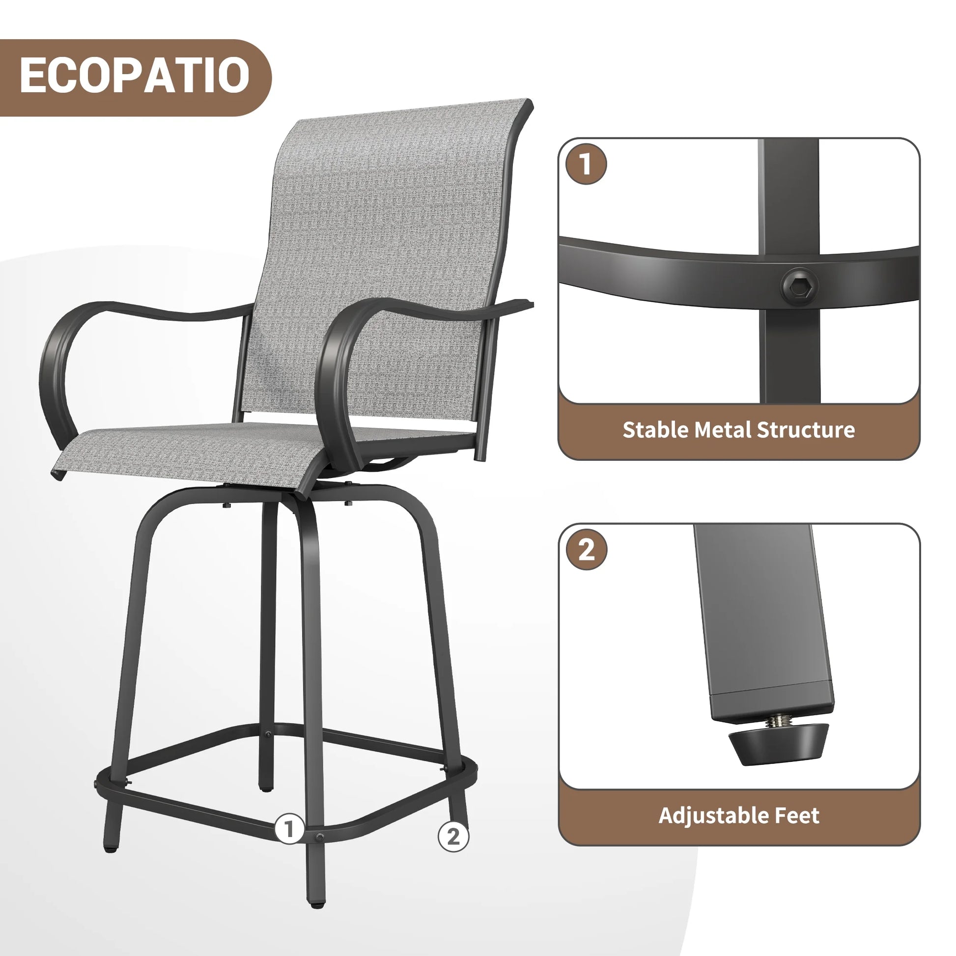 ECOPATIO Outdoor Swivel Bar Stool Collection Kids High Back Weather-Resistant - Set of 2, Light Gray
