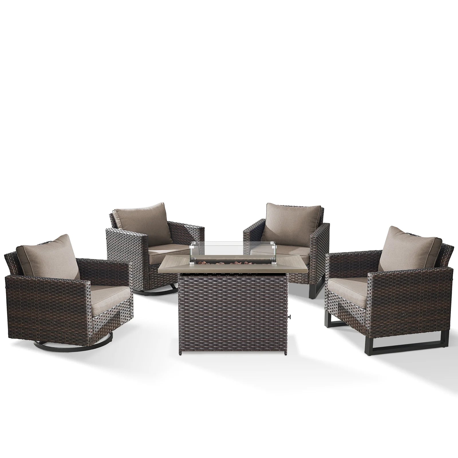 Gymojoy 5 Pieces Outdoor Swivel Rocker Chairs Patio Furniture Set with Gas Fire Pit Table, Wicker Patio Conversation Fire Pit Table Set for Garden, Deck, Porch, Backyard,Beige