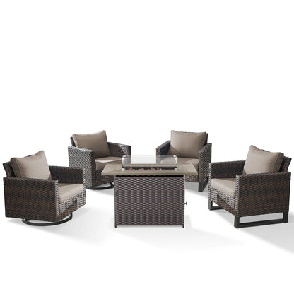 Gymojoy 5 Pieces Outdoor Swivel Rocker Chairs Patio Furniture Set with Gas Fire Pit Table, Wicker Patio Conversation Fire Pit Table Set for Garden, Deck, Porch, Backyard,Beige
