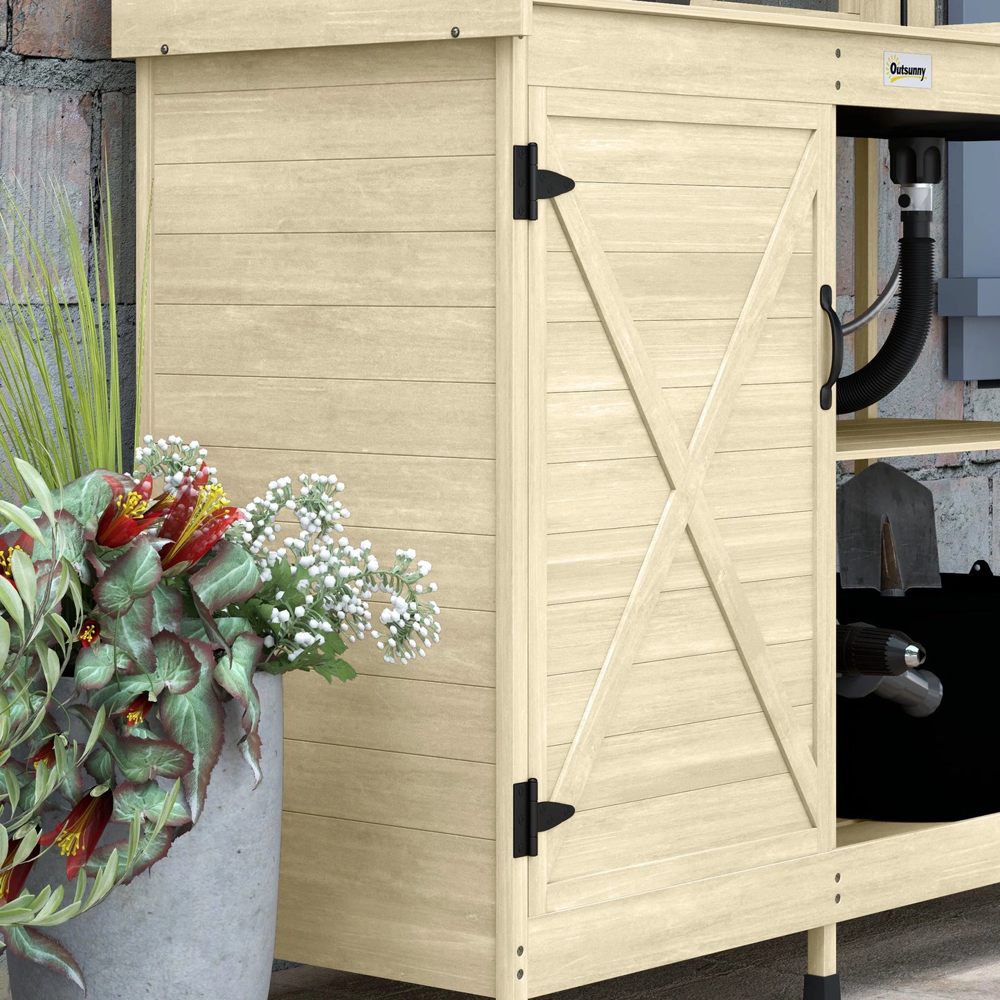 Outsunny Wooden Potting Bench, Outdoor Potting Table with Storage Cabinet, Storage Shelves, Sink, Water Tap for Backyard, Patio, Balcony, Natural