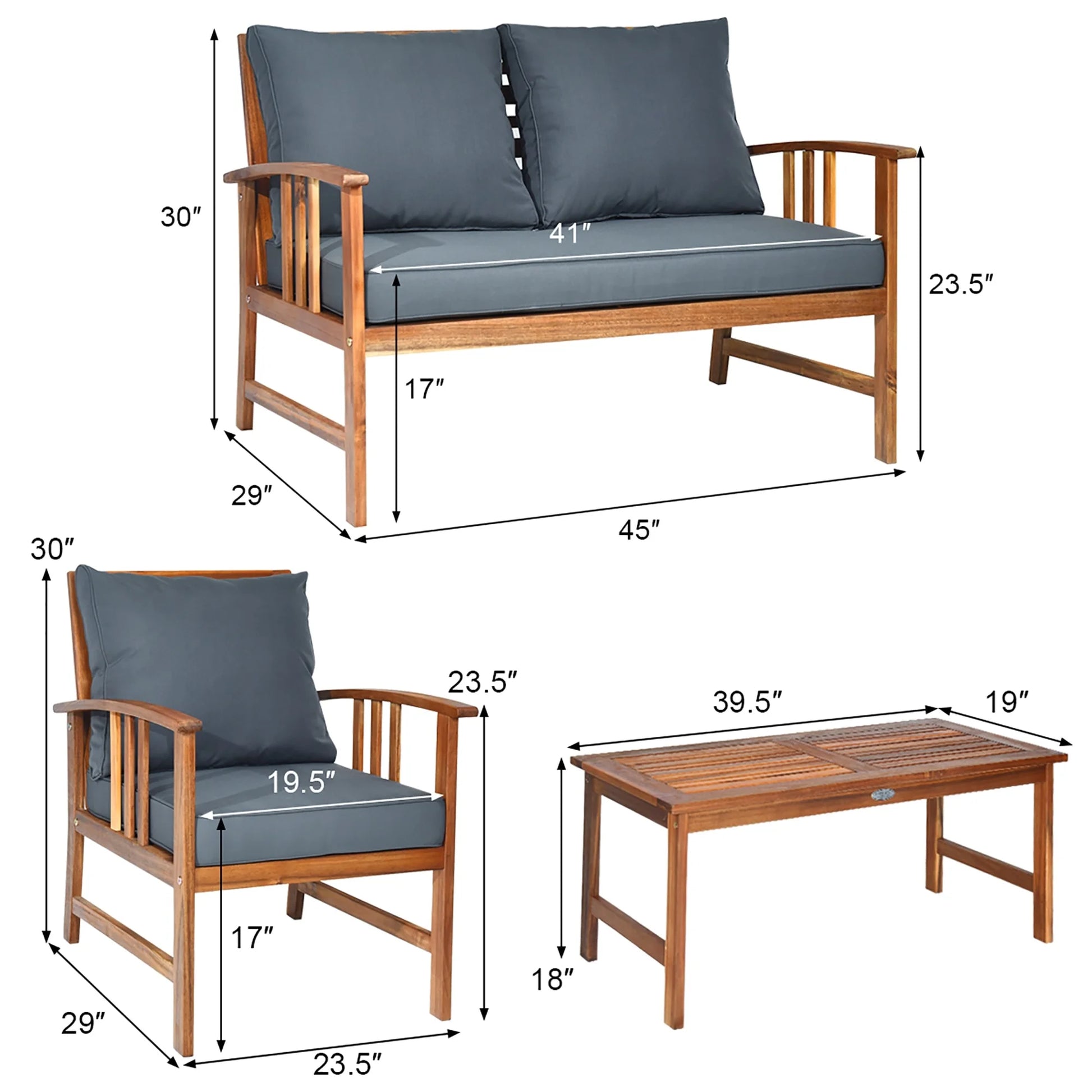 4 PCS Wooden Patio Furniture Set Outdoor Seating Chat Set Grey