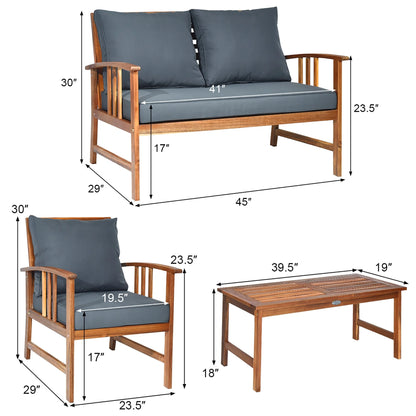4 PCS Wooden Patio Furniture Set Outdoor Seating Chat Set Grey