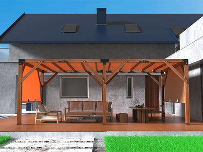 Pinypikaka 12x20ft Wood Pergola, Outdoor Retractable Shade Canopy for Patio Backyard Deck Garden, Reddish-brown
