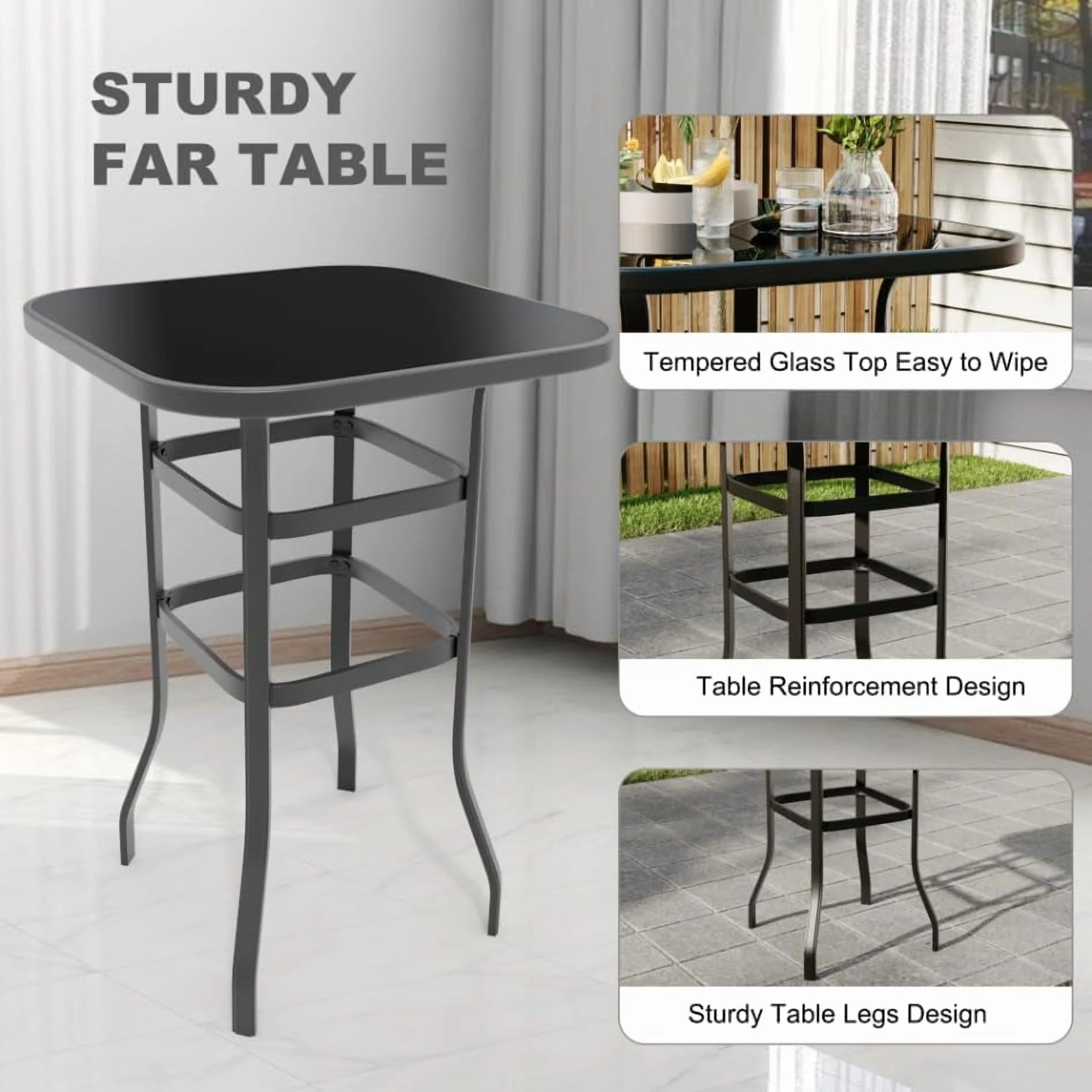 Homhougo 3 Piece Patio Swivel Bar Sets, 3PCS Outdoor High Top Bar Set with 2 Outdoor Swivel Chairs and Glass Bar Table, Patio High Top Bar Table and Stools Chairs Set All Weather Textile Fabric